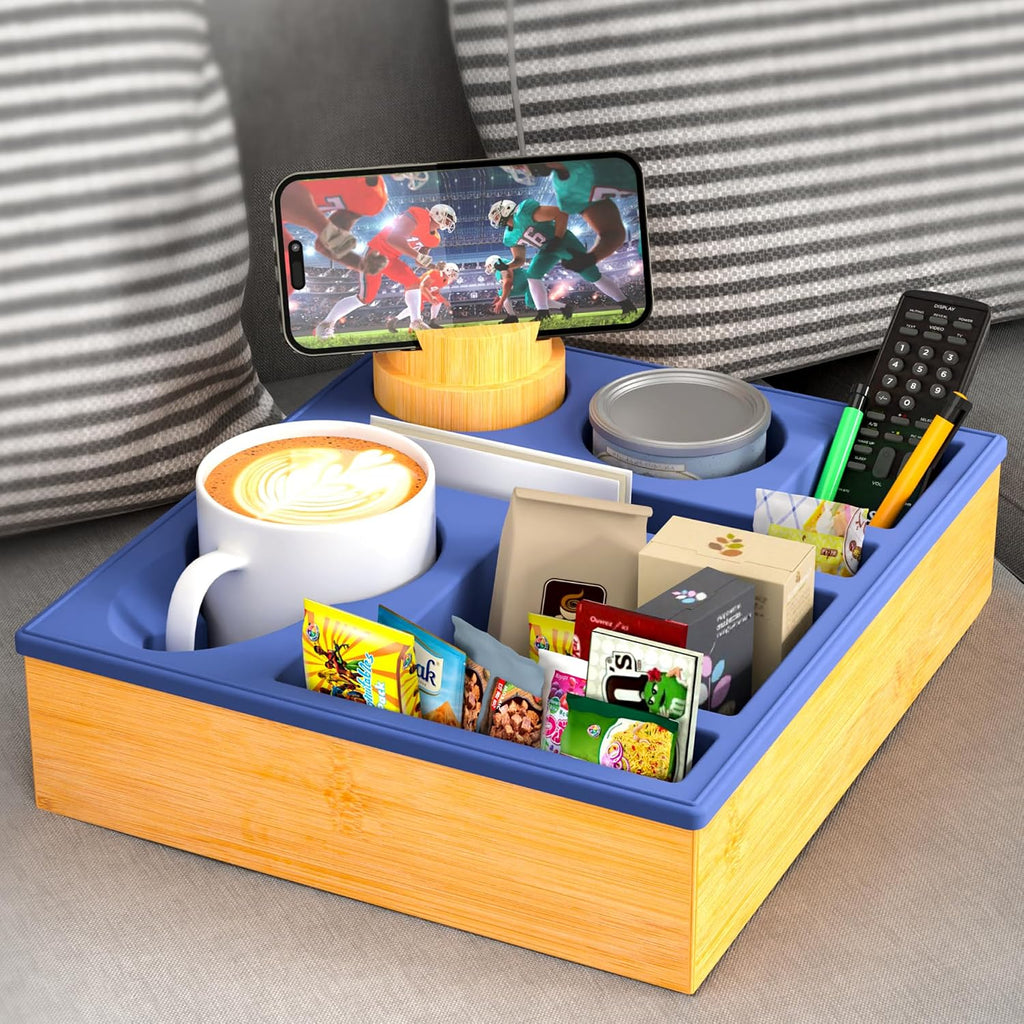Couch Cup Holder Tray - Couch Organizer Caddy, Silicone Beach Caddy with Cup Holder, Sofa and Bed Drink Holder and Couch Tray Table for Snacks Beverage Remote (Blue)