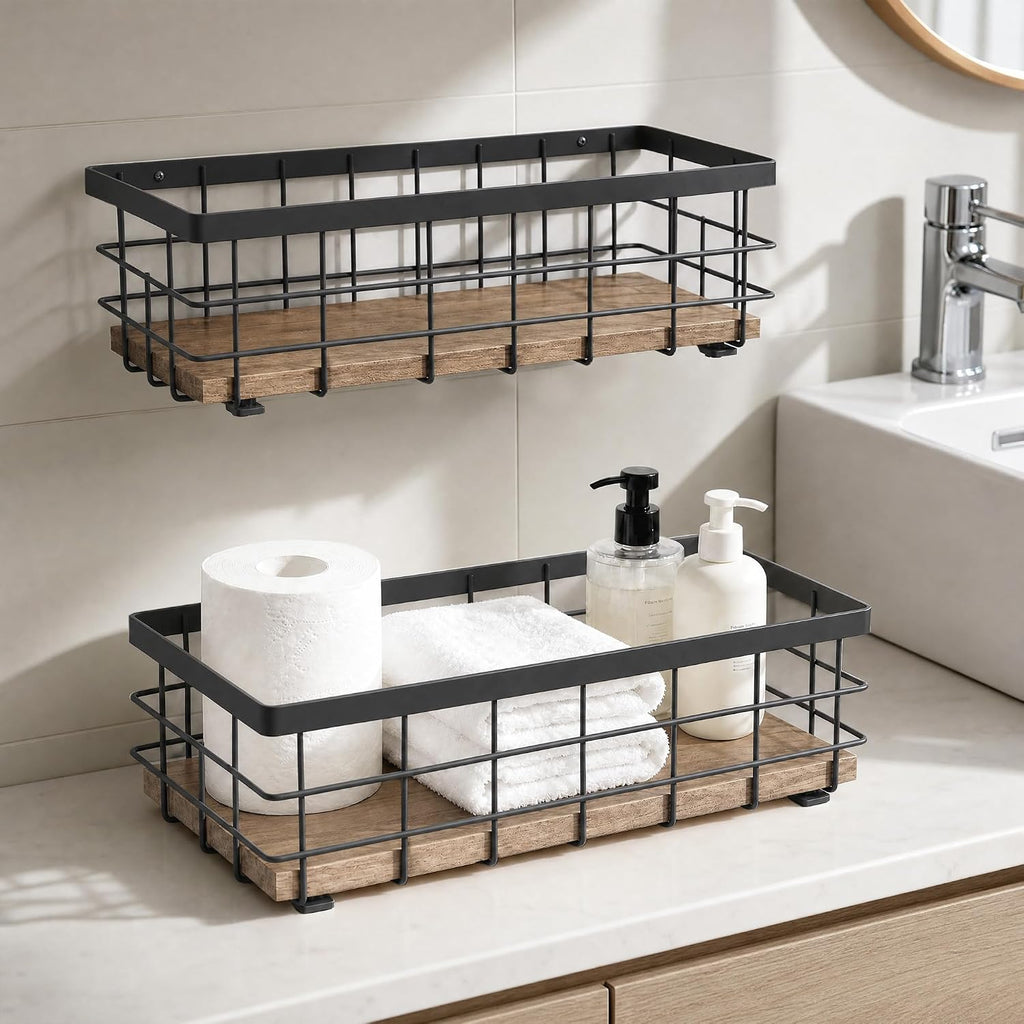 TJ.MOREE Small Metal Wire Basket, Decorative Wood Base Organizer for Bathroom, Kitchen, Basket for Toilet Paper Storage, Sugar Packet, Coffee Syrup, Guest Towel, Napkin(Black 2 Packs)