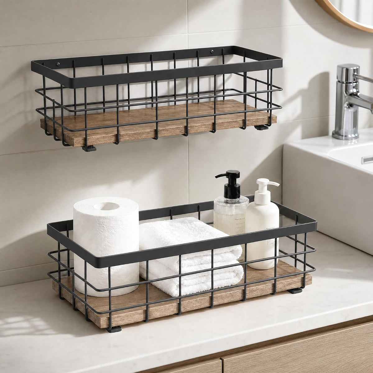 TJ.MOREE Small Metal Wire Basket, Decorative Wood Base Organizer for Bathroom, Kitchen, Basket for Toilet Paper Storage, Sugar Packet, Coffee Syrup, Guest Towel, Napkin(Black 2 Packs)