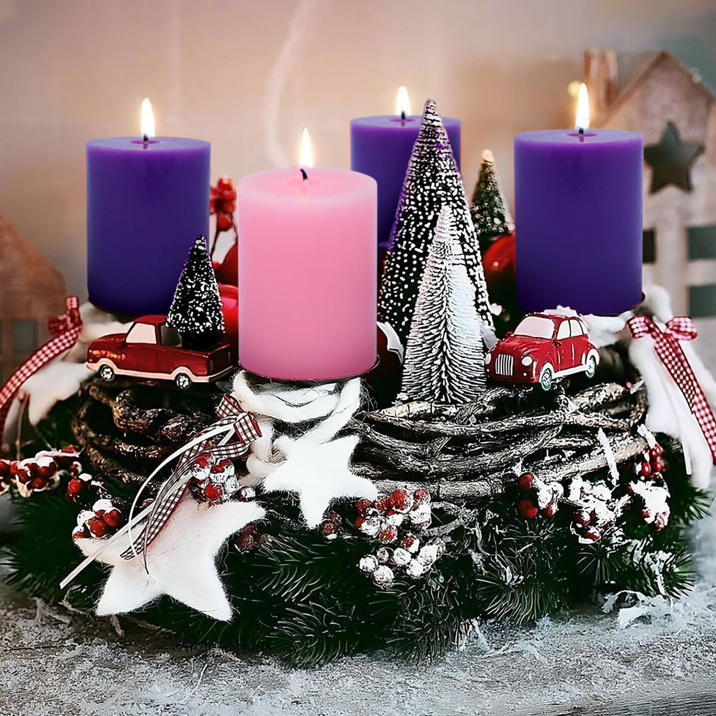 Set of 4 3x4 Inch Christmas Advent Pillar Candles, Unscented 3pcs Purple and 1pc Pink Solid Colored Candles for Christmas - 45 Hours Burn