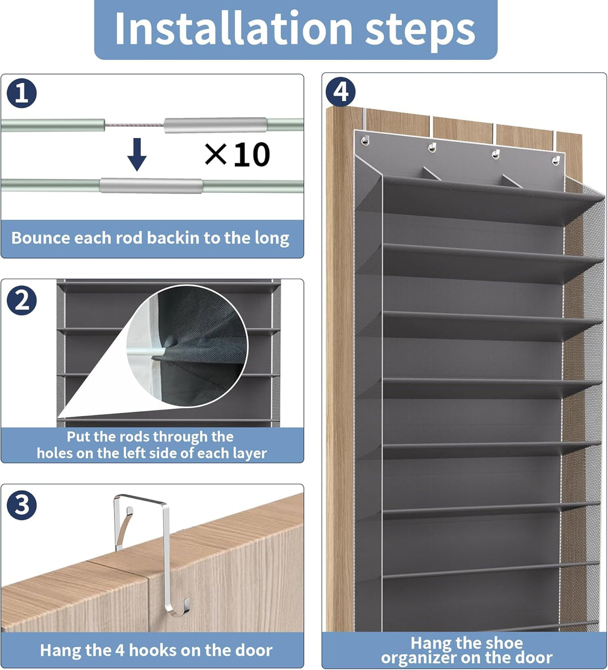 TAHAVICE 30 Pair Over the Door Shoe Organizer, Hanging Closet Shoe Storage