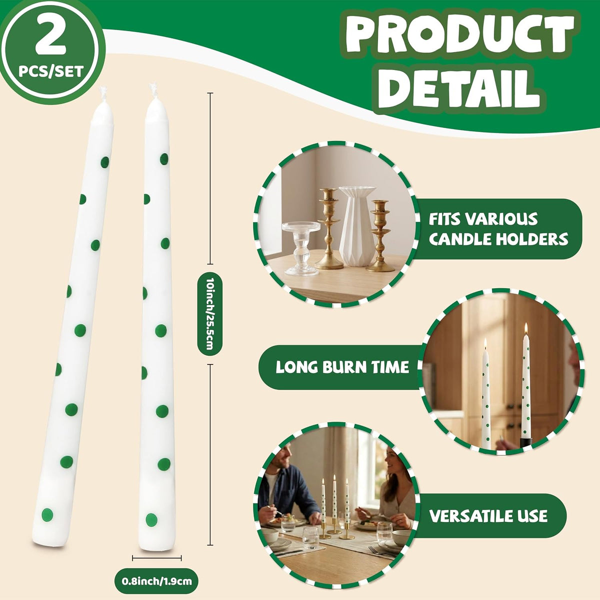 2 Pack Taper Candles, 10 Inch Unscented Candlesticks with Green Polka Dots for Holiday Table Centerpiece, Fireplace Mantel, Advent Wreaths, Winter Weddings, Home Decor