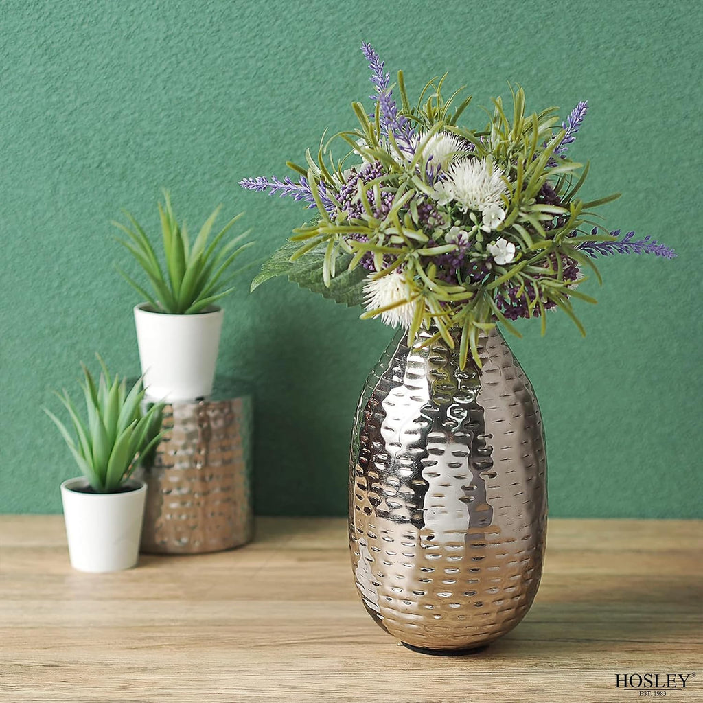 Hosley Silver Vase for Decor 8.75" Hammered Metal Flower Vase, Modern Tabletop Centerpiece Vases for Living Room Decor, Dining Table, Weddings, Faux Dried Floral Decorative Vases