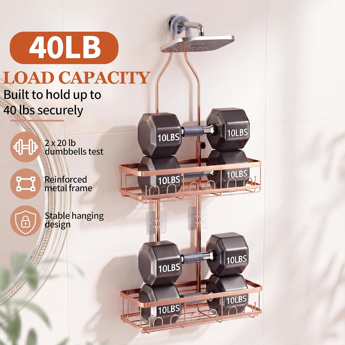 Skyapex Shower Caddy Hanging: Adjustable Height No Blocking to Shower Head - Shower Caddy Over Showerhead Shower Organizer - Rustproof Shower Shelves with Hooks 2 Soap Holders, Rose Gold