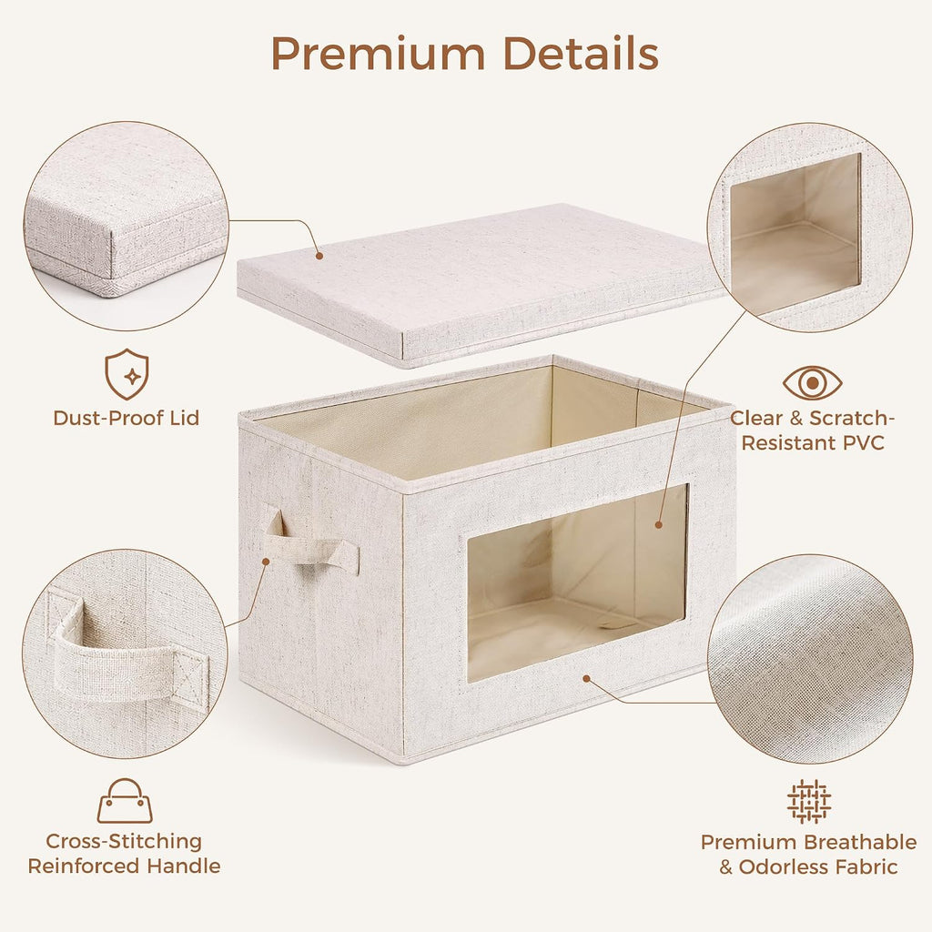 3-Pack Storage Bins with Lids & Clear Window, Foldable Fabric Closet Organizer Boxes, Stackable Cube Baskets with Soft Handles for Clothes & Blankets, 15", Beige