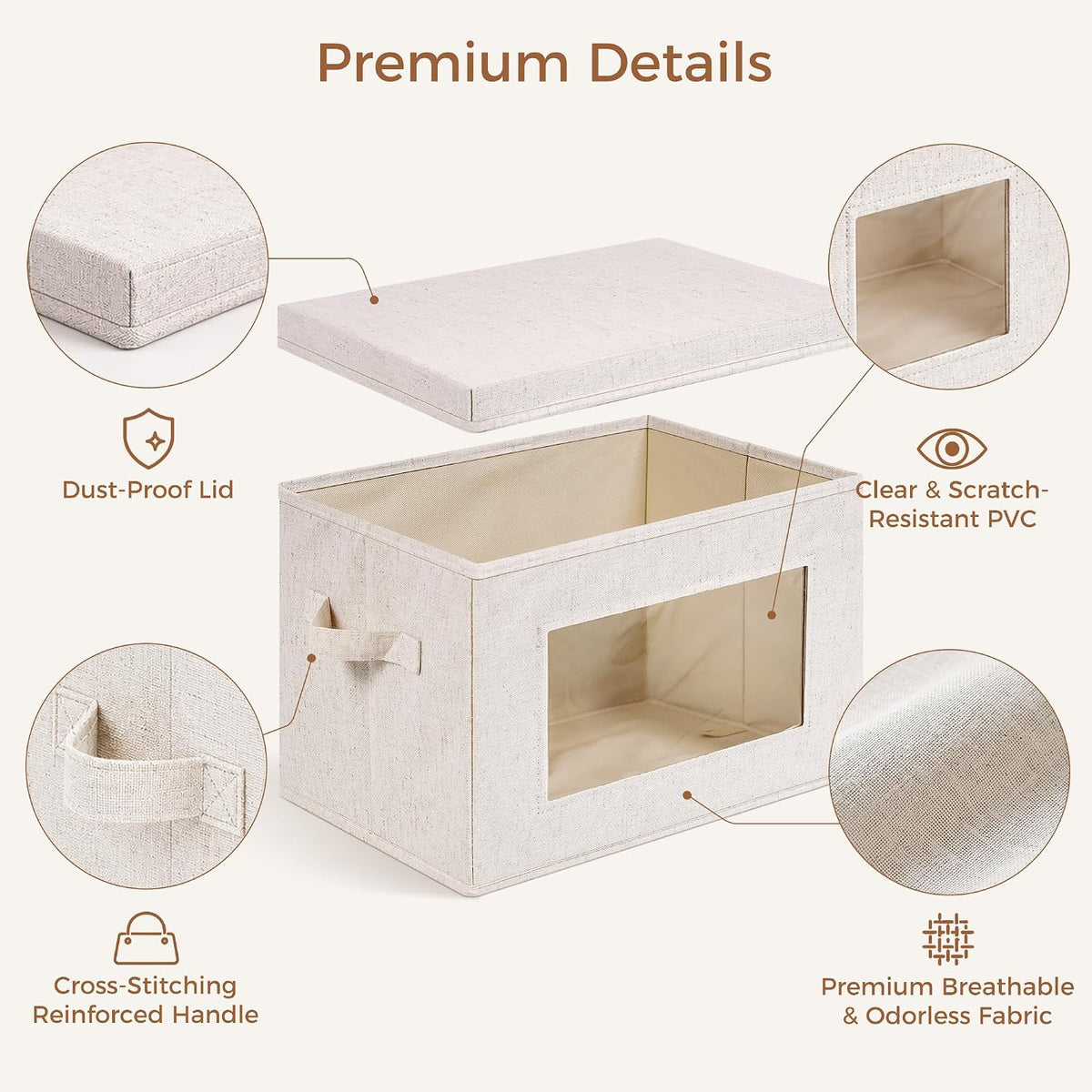 3-Pack Storage Bins with Lids & Clear Window, Foldable Fabric Closet Organizer Boxes, Stackable Cube Baskets with Soft Handles for Clothes & Blankets, 15", Beige