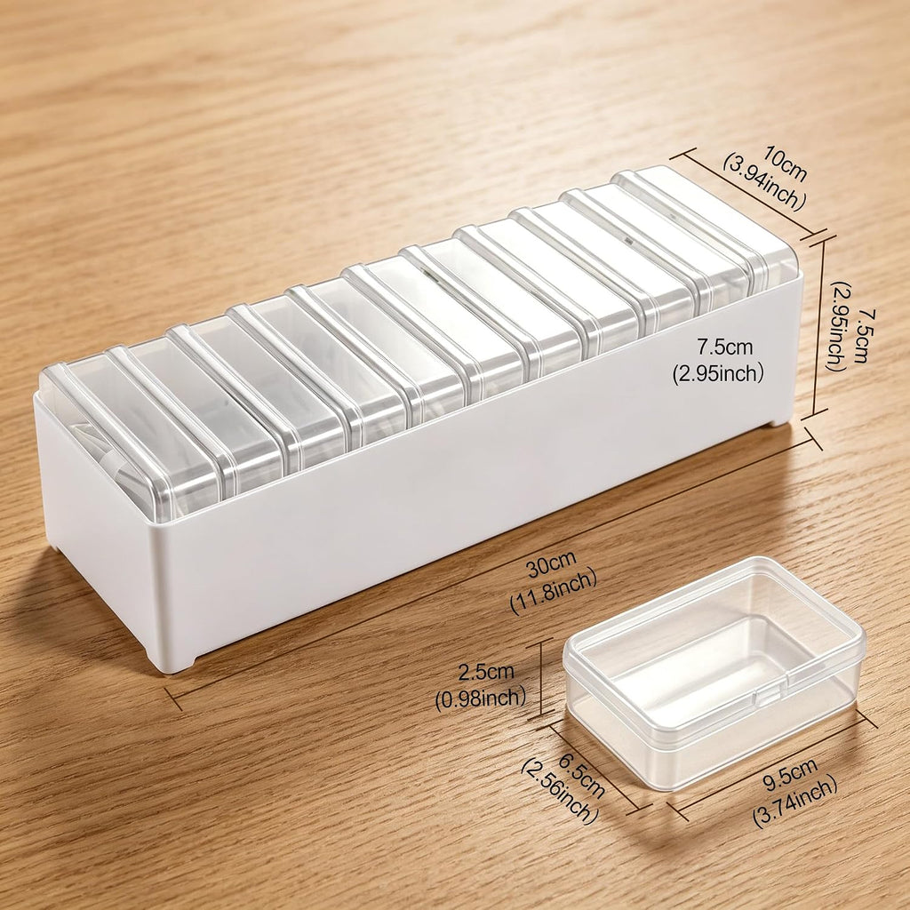 11 Compartment Cable Organizer Box – Clear, with Switch Access, Cable Straps & Labels – Cord Management Storage for Charging, USB, Power Cords, Earphones & Stationery – for Desk, Home, Office & Travel