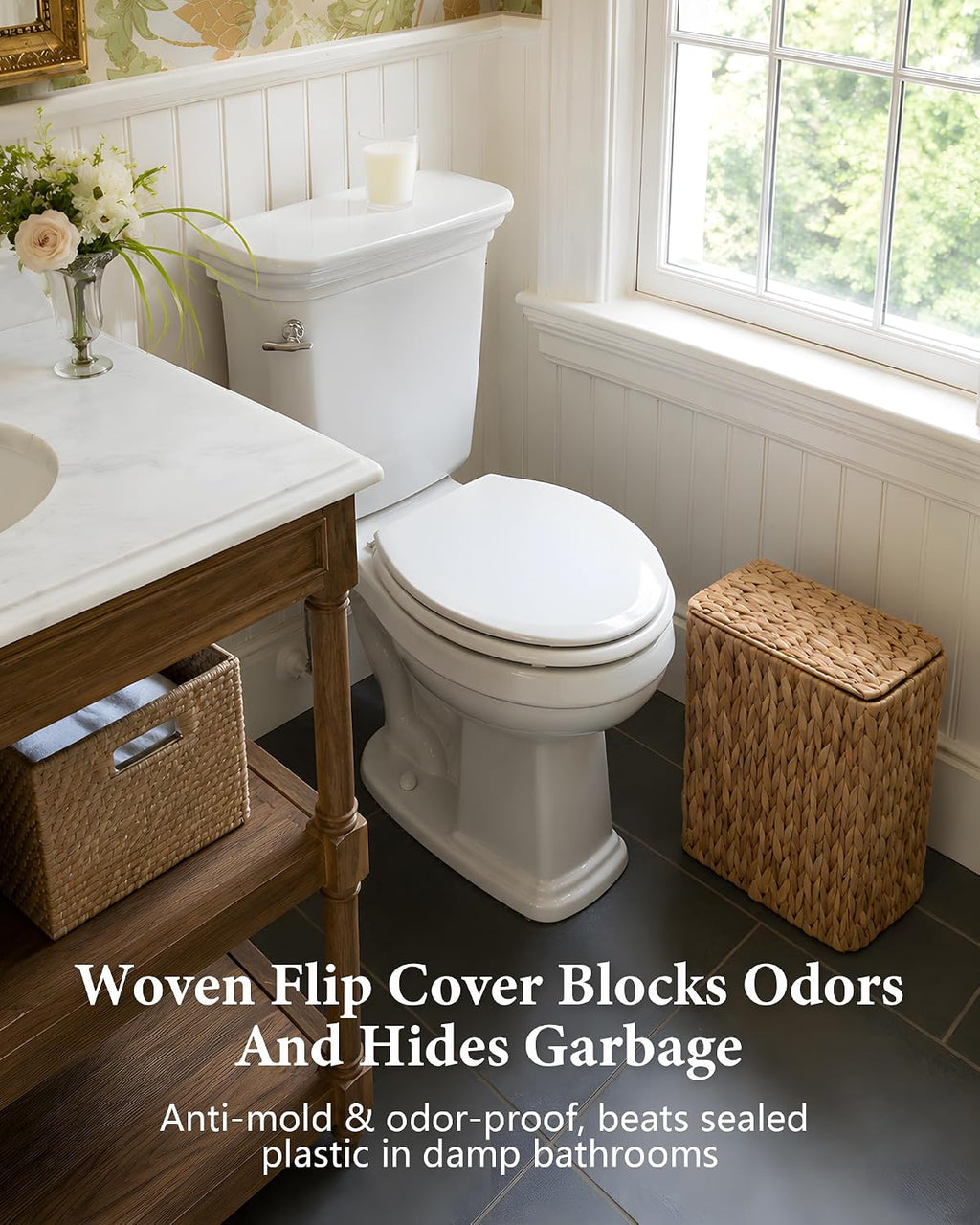 Wicker Trash Can with Lid, 3 Gallon Small Bathroom Trash Can