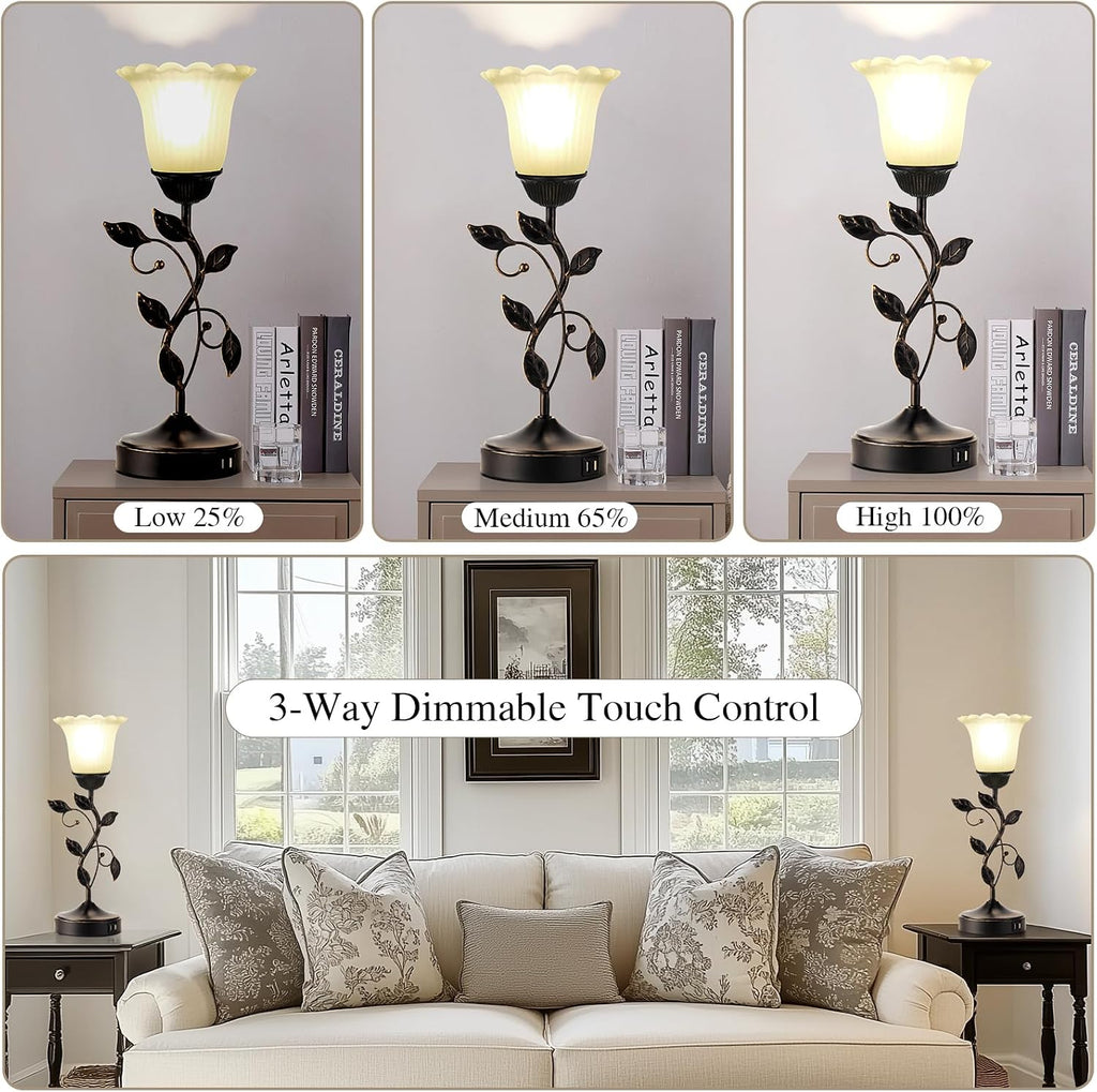 Set of 2 Touch Bedside Vintage Lamps with 2 USB C+A