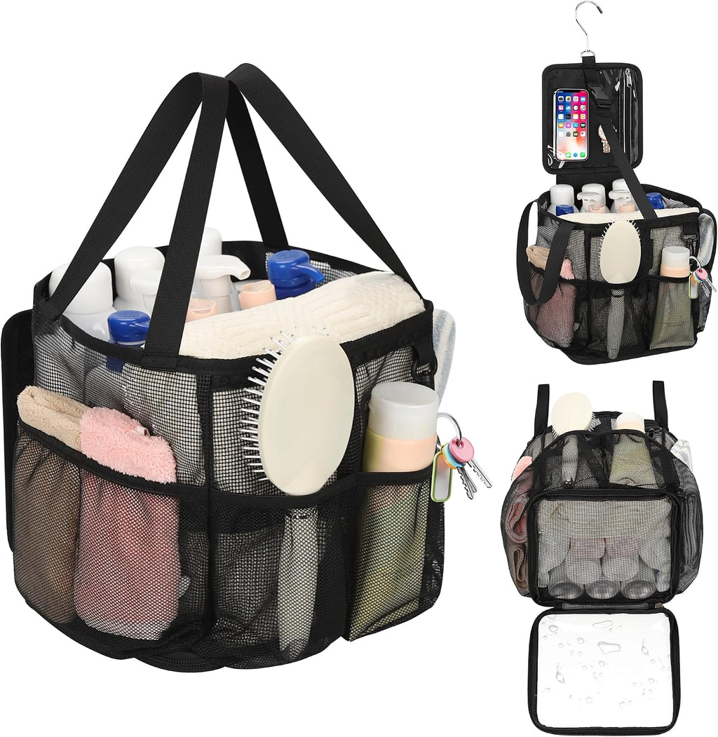 CUBETASTIC Mesh Shower Caddy Portable - Large Capacity Shower Tote for College Dorm Essentials, Bathroom, Gym, Camping, 360° Hanging Hook & 4 Pockets Travel Toiletry Bag (A# Black, 8.6"×8.6"×9.8")