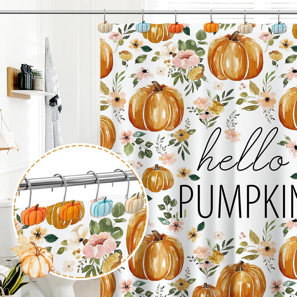 Reallnaive 12 Pcs Pumpkin Fall Shower Curtain Hooks Farmhouse, Blue