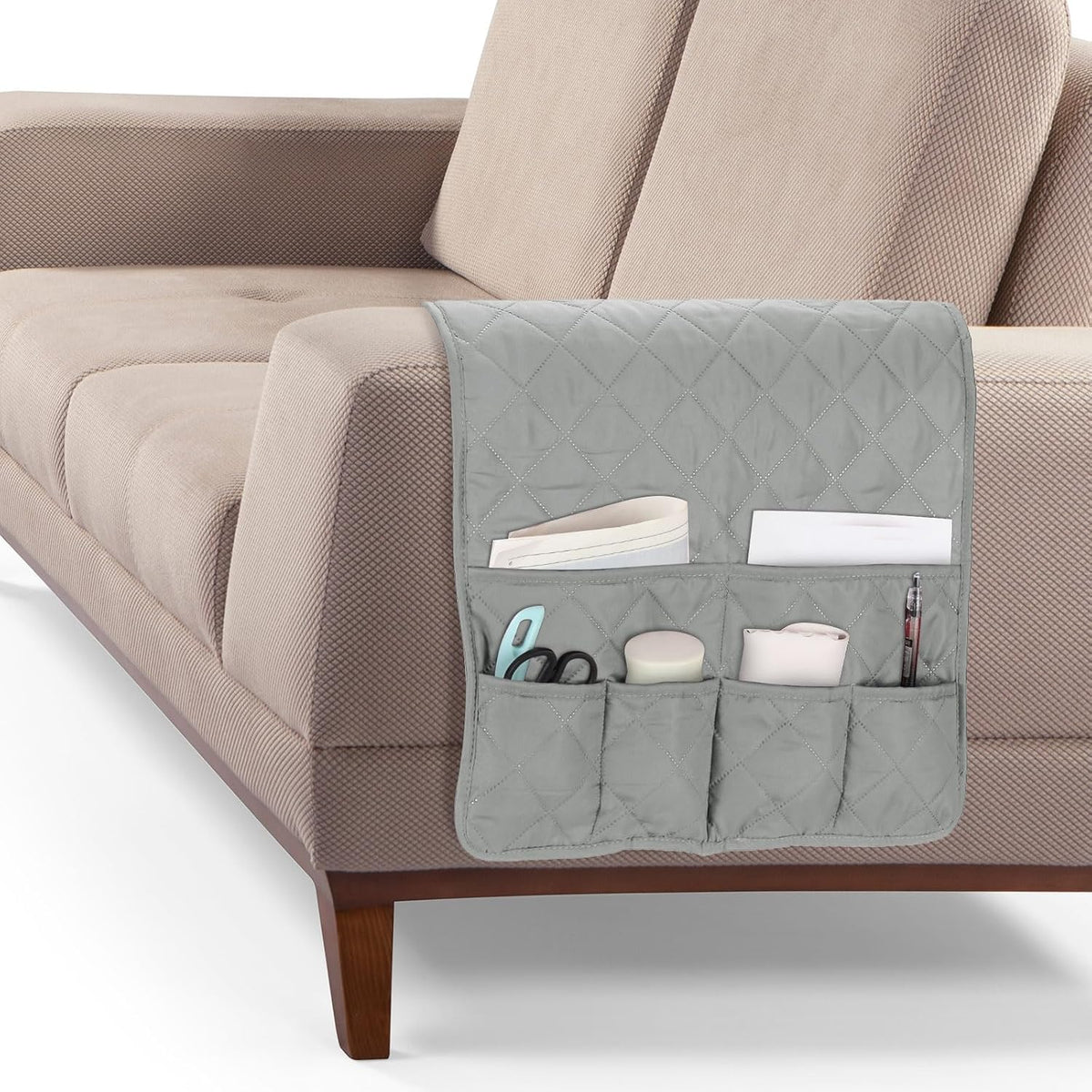 uxcell Couch Sofa Armrest Organizer Non-Slip Chair Arm Recliner Remote Control Organizer with 6 Pockets for Books, Magazines, Tablet, Phone, Plaid Gray