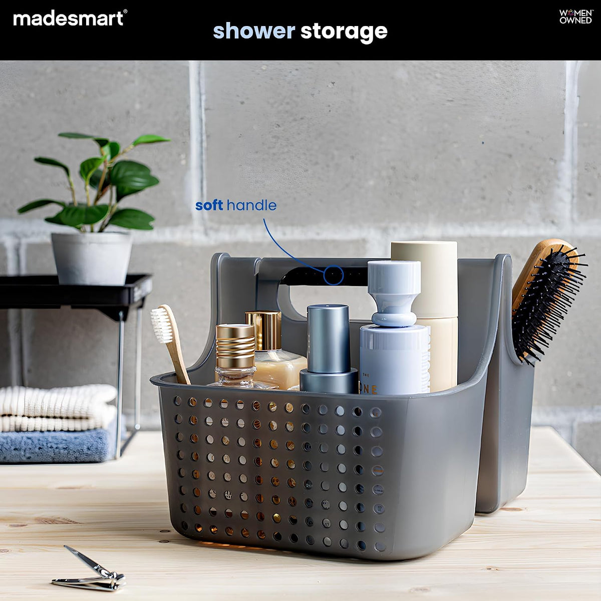 madesmart Shower Tote with Soft Grip Handle, Smoke