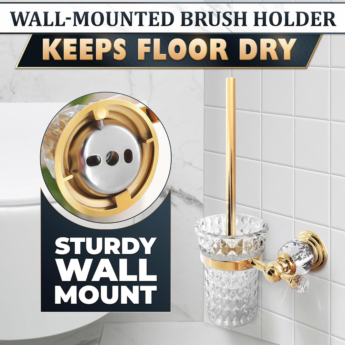 Gold Toilet Brush and Holder Set, Wall Mounted, Crystal Clear Glass Bowl