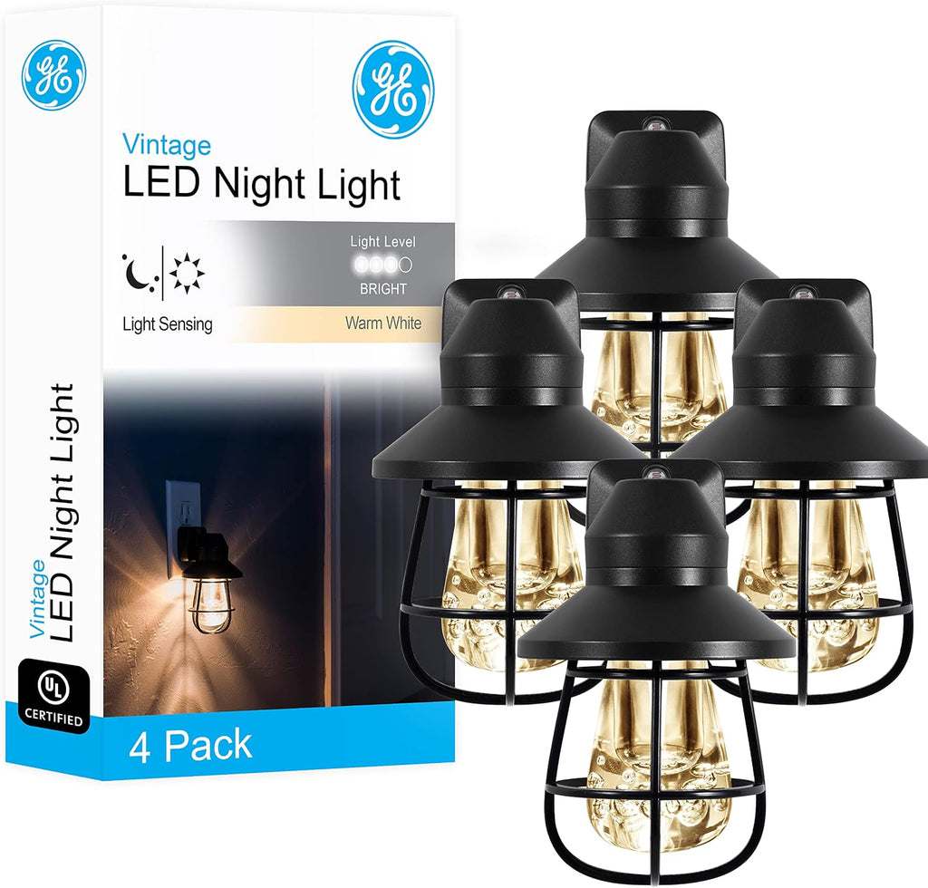 GE Vintage Night Lights Plug Into Wall, Auto Dusk to Dawn Sensor, 4 Pack