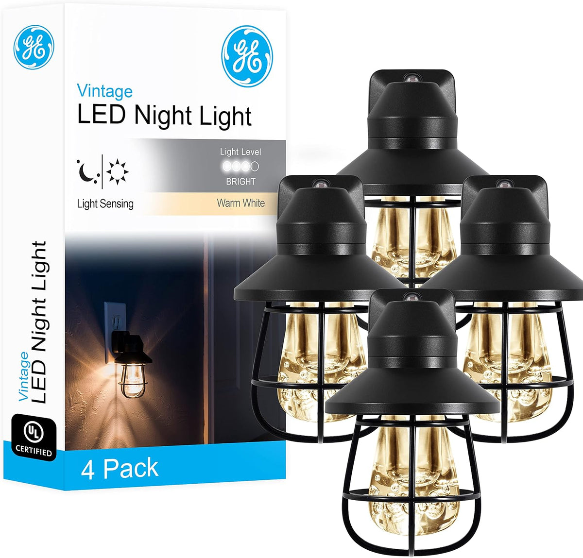 GE Vintage Night Lights Plug Into Wall, Auto Dusk to Dawn Sensor, 4 Pack