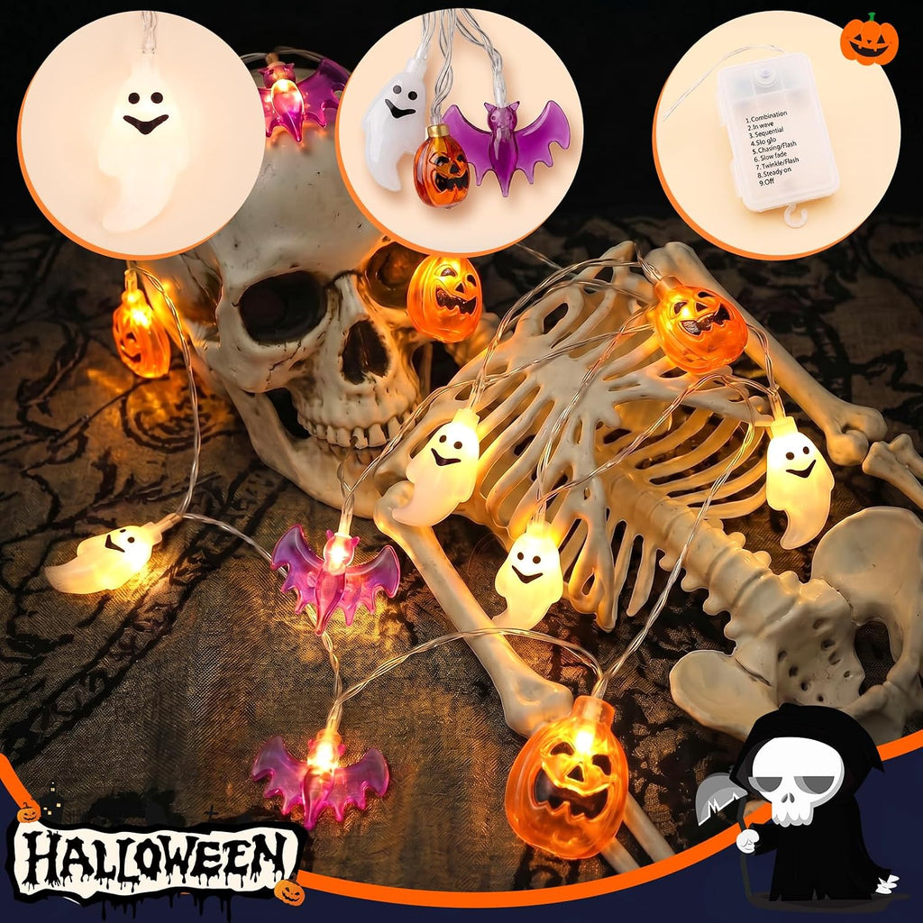 Halloween String Lights Indoor: 16.4 FT 30 LED Pumpkin Ghost Bats Lighted Decorations – 8 Modes Waterproof Timer for Window Porch House Room Bedroom Party Decor