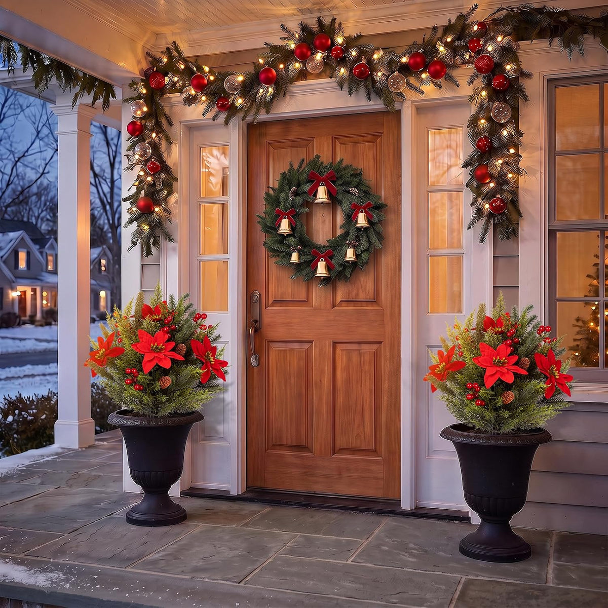 Artificial Christmas Cypress Poinsettia Flower Topiary Shrubs, Faux Greenery Ball Bush for Christmas Decoration,24.8" Fake Tree with Ground Spike,UV Resistant Plants for Front Porch Decor,Set of 2