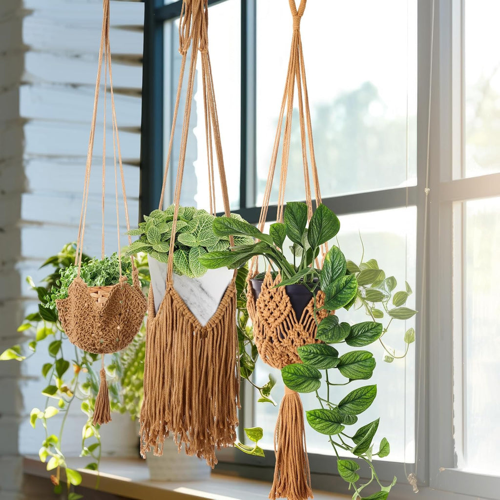 4 Packs Macrame Plant Hangers Indoor Hanging Planters, Brown