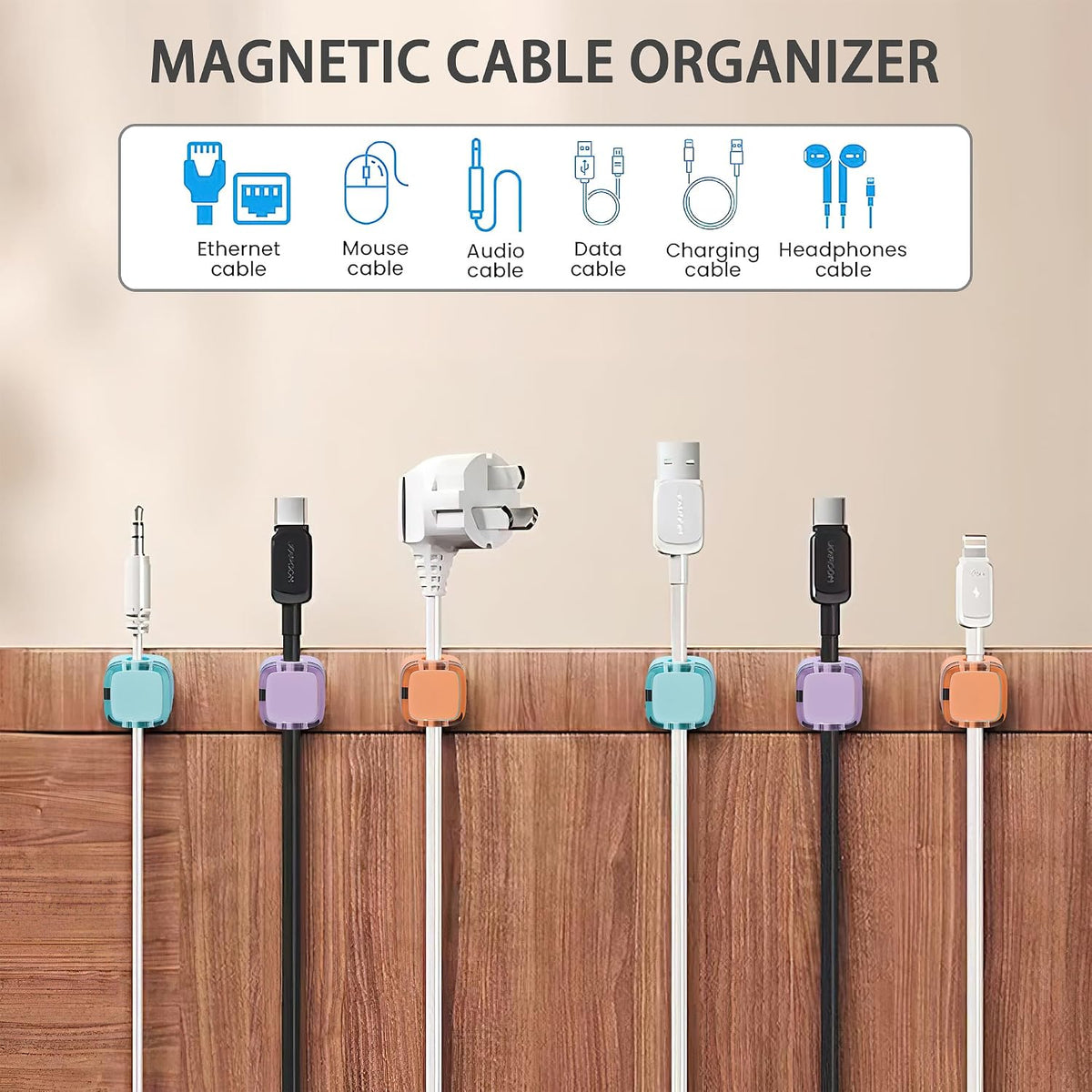 6 Pack Magnetic Cord Organizer & Cable Clips - Adjustable Under Desk Cable Management, Adhesive Wire Holder for Home, Office, Phone, Car, Wall, and Nightstand (Black)