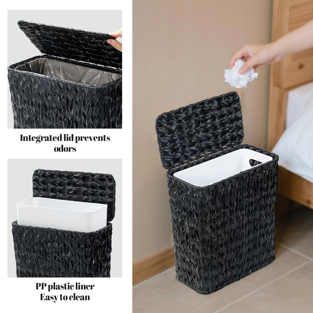 Wicker Trash Can with Lid & Liner, Small Bathroom Waste Basket, Black