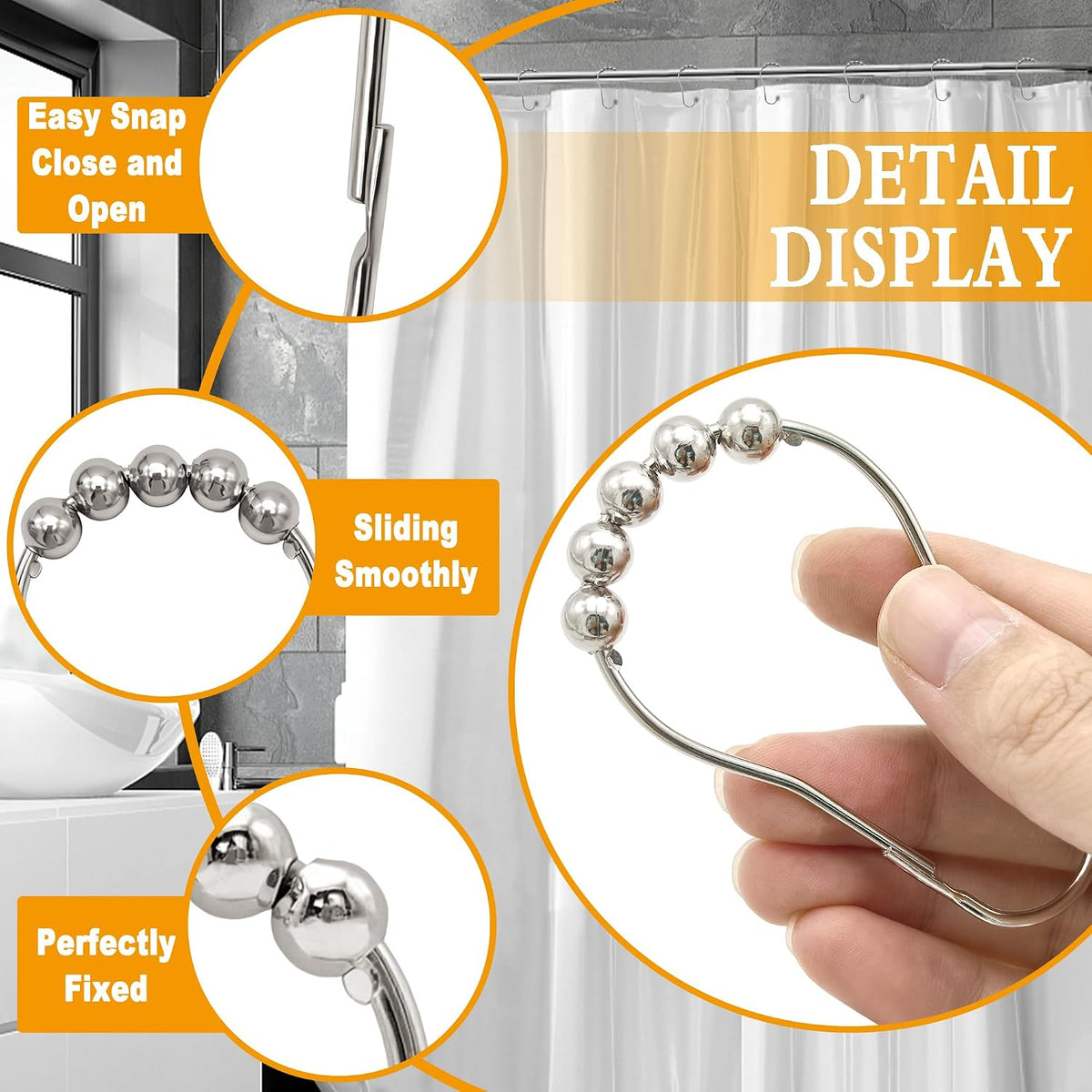 Shower Curtain Hooks Rings,12 Pcs Decorative Rustproof Metal Shower Hooks for Shower Curtain,Free Sliding Shower Hooks for Bathroom Shower Rods,Easy Snap Shower Rings for Curtain (Silver)