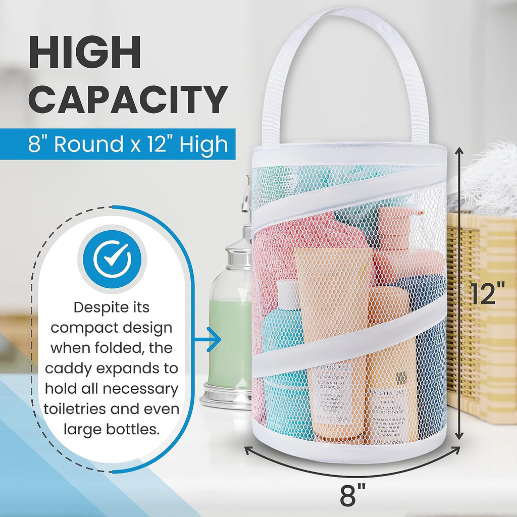 Handy Laundry Portable Shower Caddy – Foldable Mesh Organizer with Handle, Quick Dry, Large Compartments, Drainage Hole, Ideal for Dorm, College, Gym, Travel, Camp – White