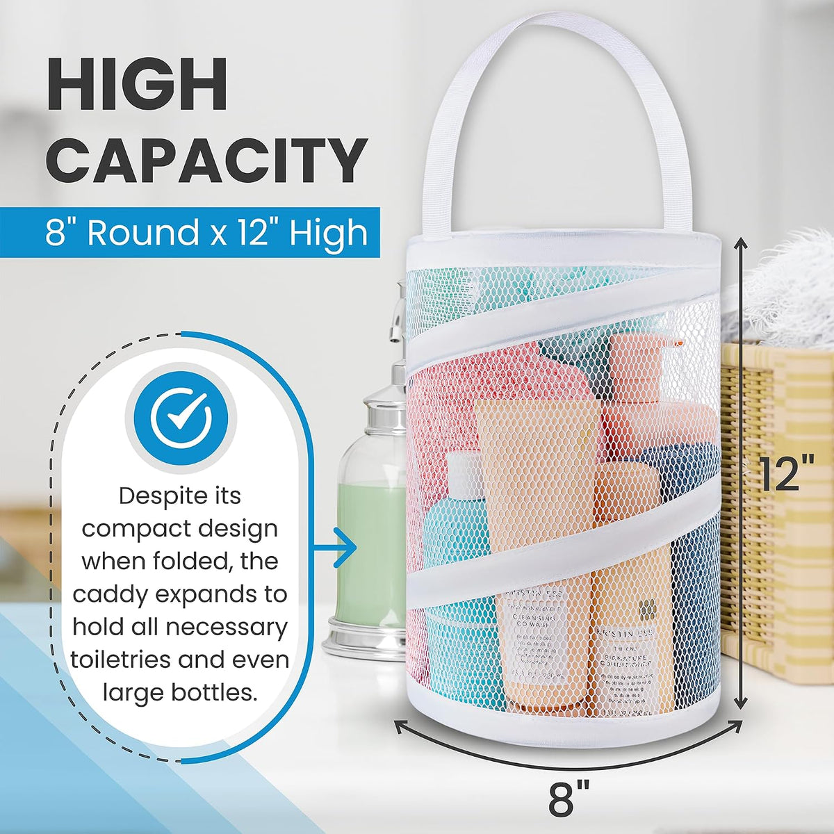 Handy Laundry Portable Shower Caddy – Foldable Mesh Organizer with Handle, Quick Dry, Large Compartments, Drainage Hole, Ideal for Dorm, College, Gym, Travel, Camp – White