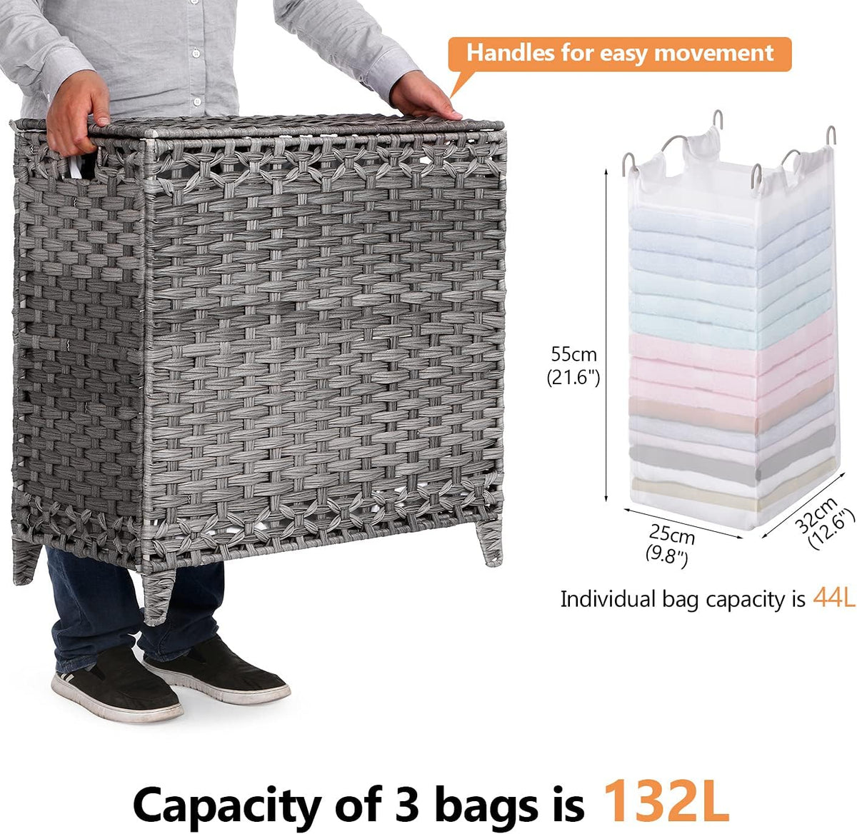 Laundry Hamper with 3 Removable Liner Bags, 132L Laundry Sorter with Lid