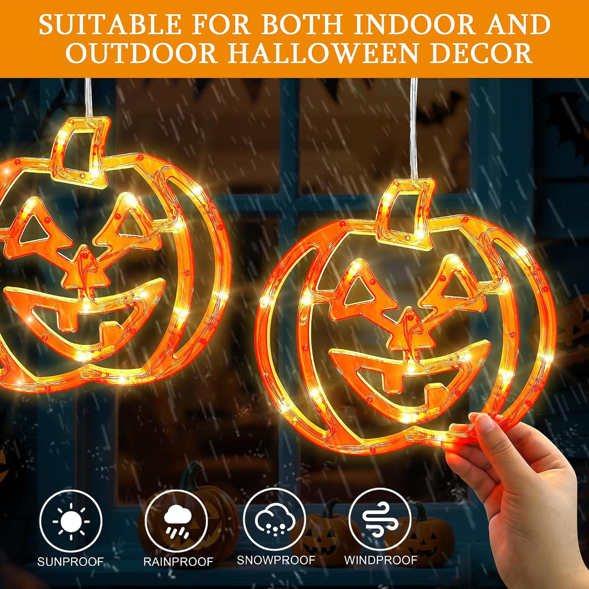 Halloween Window Lights,3 Pack 48LED Pumpkin Lights,Dual Power
