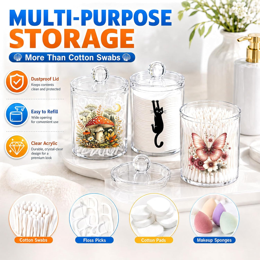 Floral Apple Cotton Swab Holder with Lid Clear Acrylic Canister