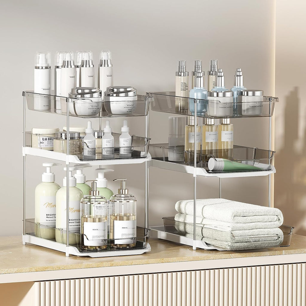 Delamu 2 Pack 3-Tier Bathroom Under Sink Organizers and Storage, Multi-Purpose Stackable Pantry Organization and Storage, Pull Out Clear Kitchen Bathroom Cabinet Organizer with Movable Dividers, Grey