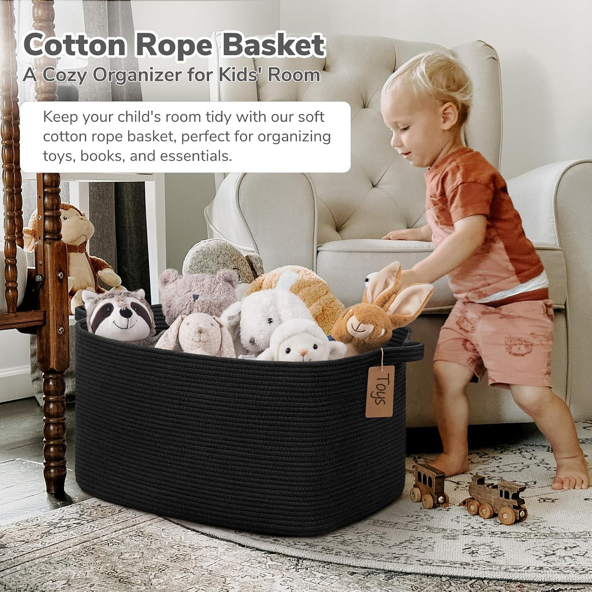Goodpick 75L Extra Large Woven Rope Blanket Basket, Rectangle, Black