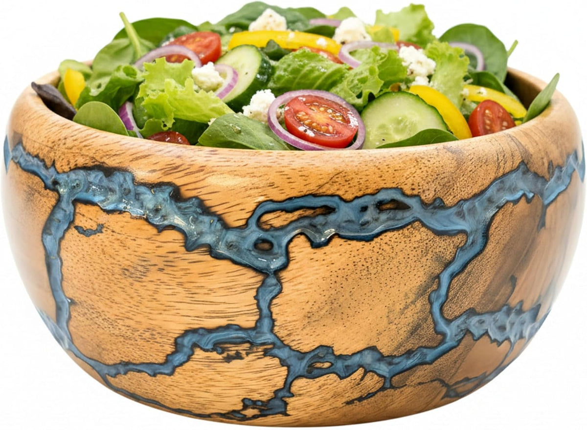 Decorative Wooden Bowl, Handcrafted Blue Resin Serving Bowl for Salad, Fruit & Kitchen Table Décor Bowl (Medium)