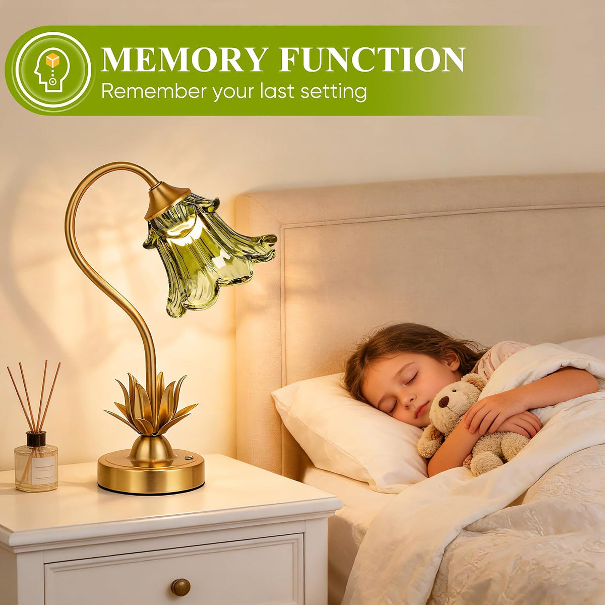 PARTPHONER Cordless Flower Table Lamp with Glass Lampshade, 5200mAh Rechargeable Battery, 3-Color Dimmable Touch Control, Portable Desk Lamp for Nightstand, Patio, Camping, Restaurant & Home, Green