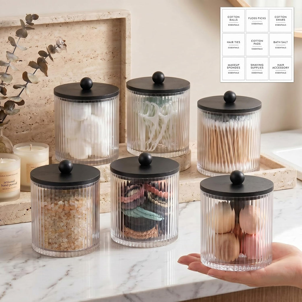 6 Pcs Plastic Holder Dispenser Bathroom Jars Bamboo Lids 18 oz, Black