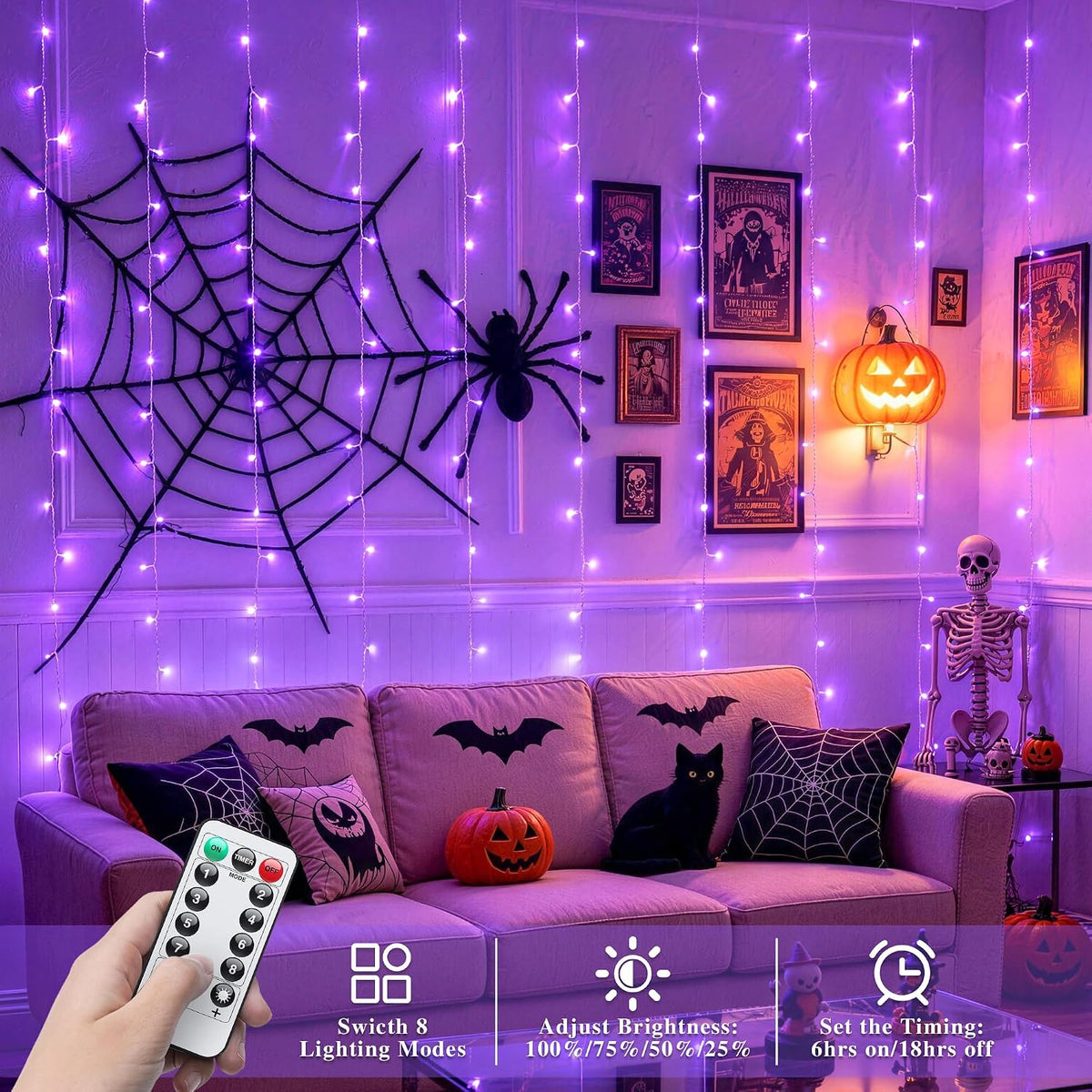JMEXSUSS 200 LED Halloween Curtain Lights Battery Operated & USB Plug in