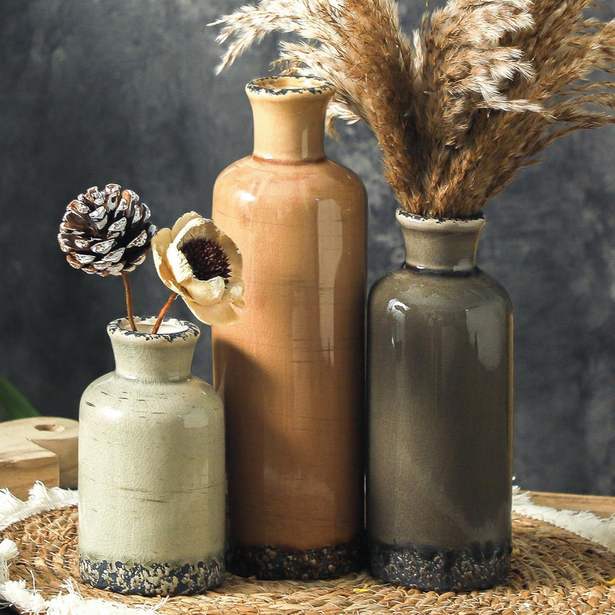 Ceramic Vase Set of 3, Neutral Flower Vases Home Decor, Pottery Rustic Farmhouse Decorative Vases Modern Decor for Table Mantel Entryway Bookshelf Living Room Kitchen Bedroom - Brown
