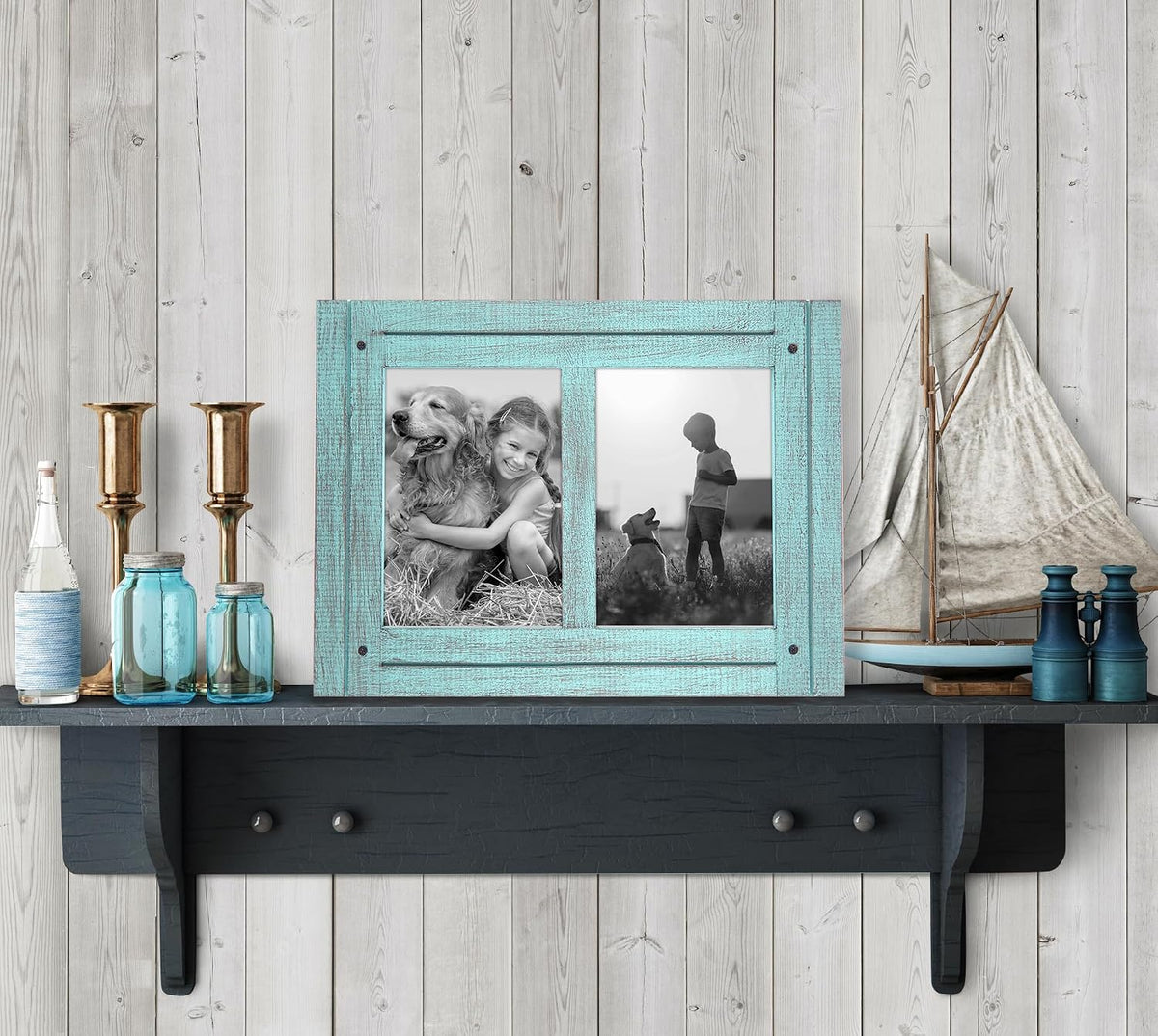 Americanflat 5x7 Double Picture Frame - Rustic Turquoise Blue