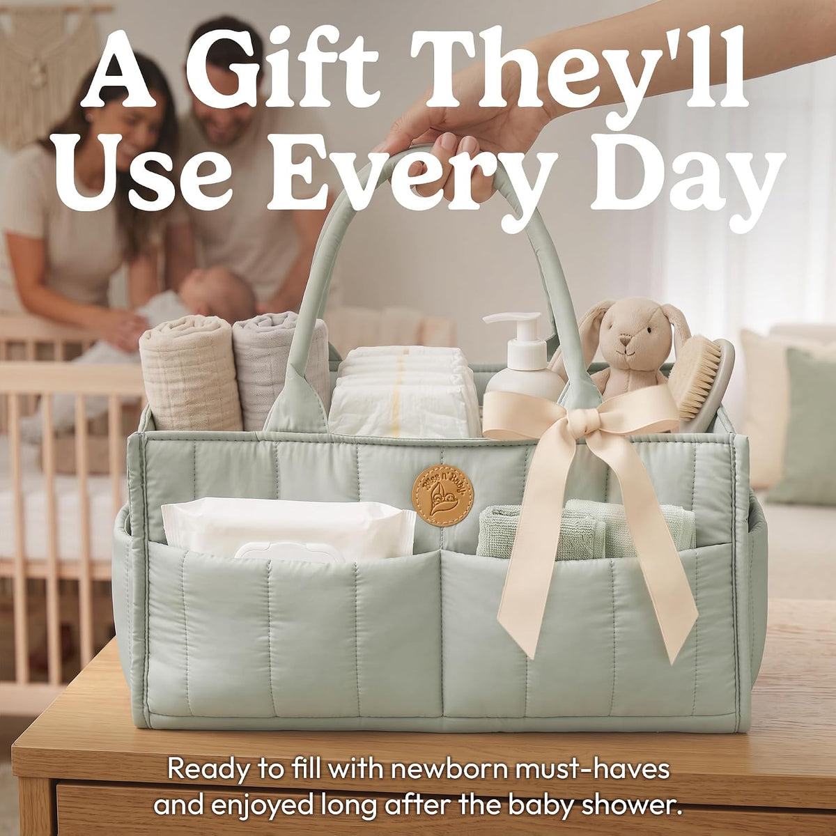 Baby Diaper Caddy Organizer - Portable Diaper Caddy with Handles & Removable Dividers - Large & Quilted Nursery Storage Basket - Changing Table Bag for Car - Baby Shower & Registry Gift - Sage Green