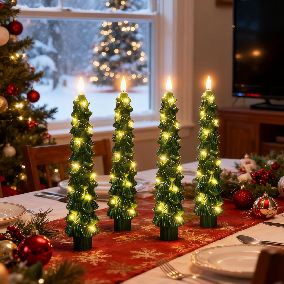 4Pcs Christmas Tree Taper Candles, Flameless Christmas Tree Candles with Remote, LED Battery Operated Candle with String Lights, 3D Flickering Candlesticks for Home Dinner Christmas Decorations