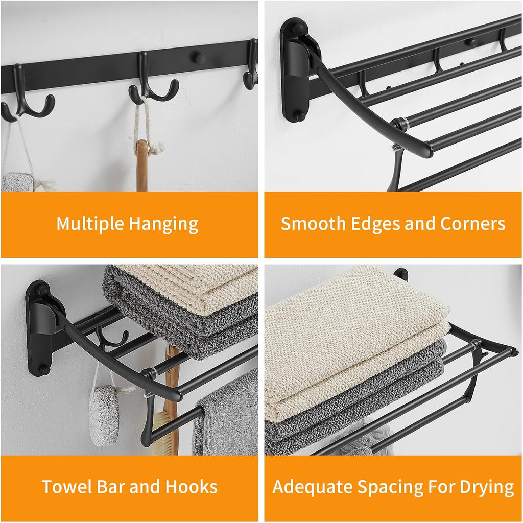 BESy Towel Racks with Foldable Towel Bar Hooks, Wall Mounted Matte Black