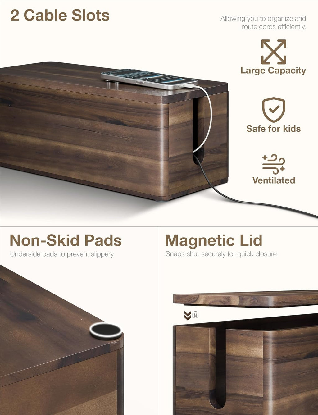 TIDITA Set 2 Wooden Large Cable Management Box Round Edge (Walnut Color)