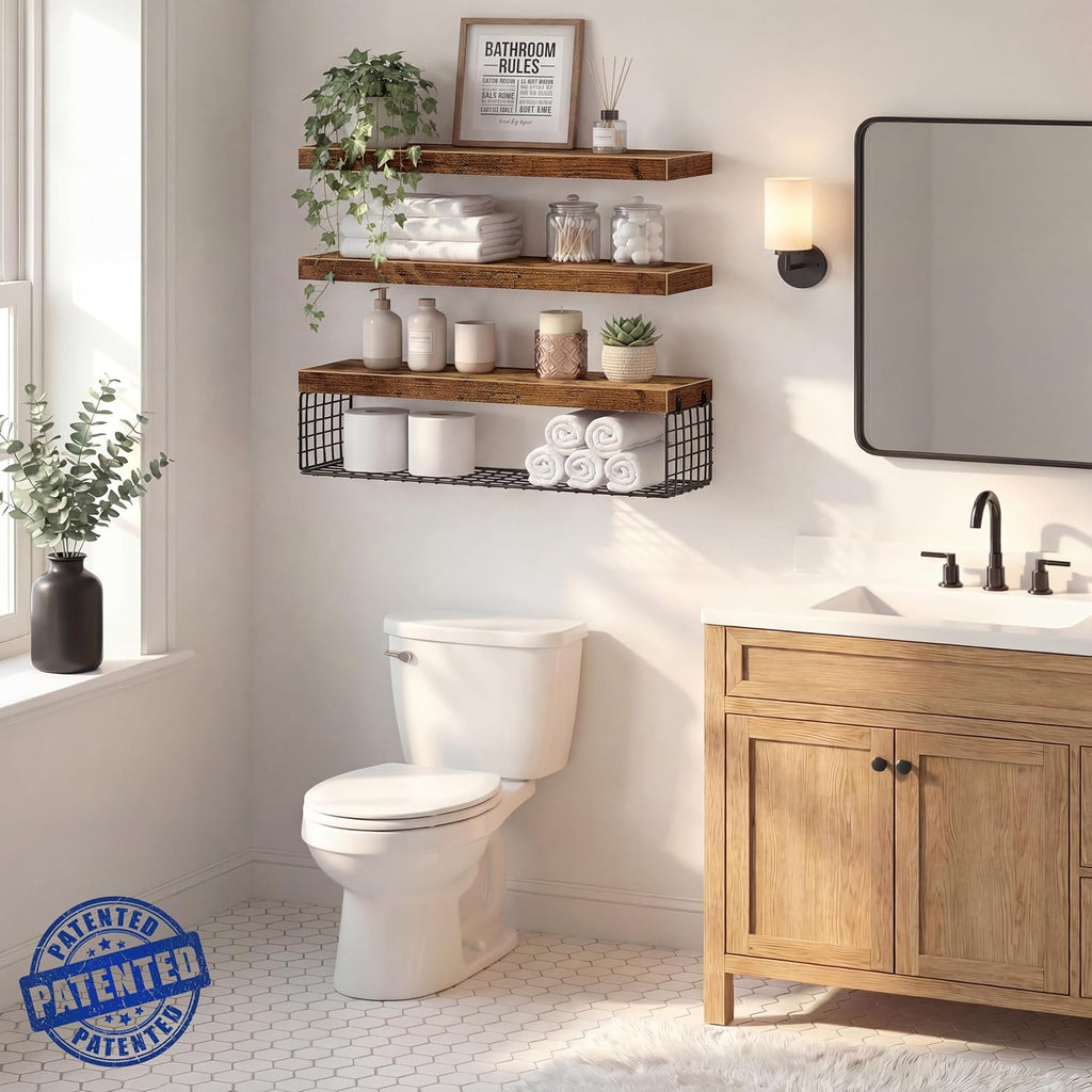 QEEIG Bathroom Shelves Over Toilet Wall Mounted (Brown, Set of 3, 31.5")