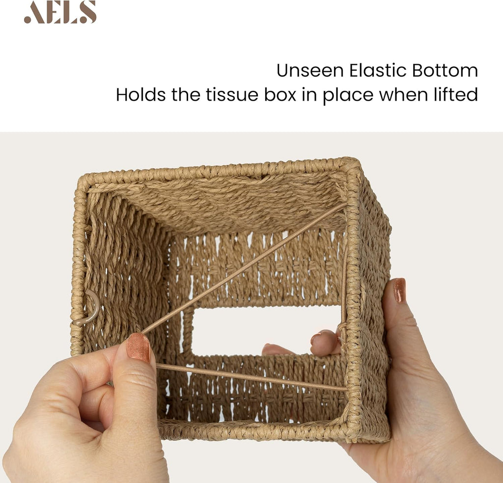 AELS Farmhouse Tissue Box Cover Square, Hand Woven Strawpaper Facial Tissue Paper Holder, Cute Tissue Box Holder Square, Boho Bathroom Decor Box for Tissues Cube Box w/Elastic Bottom, Natural