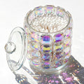 Crystal Qtip Holder Dispenser, 17oz Bathroom Canisters with Lid for Cotton Balls,Swabs,Floss Picks,Hair Accessories, Iridescent Glass Apothecary Jars with Lids,Vanitys Bathroom Organizer and Storage