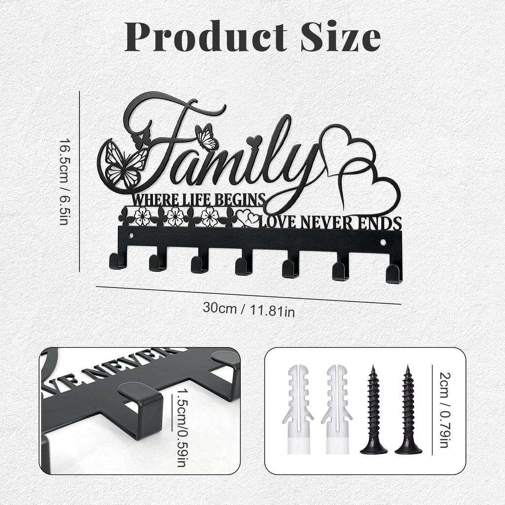 Keys Holder on Wall, Decorative Metal Hanger with 7 Hooks, Black