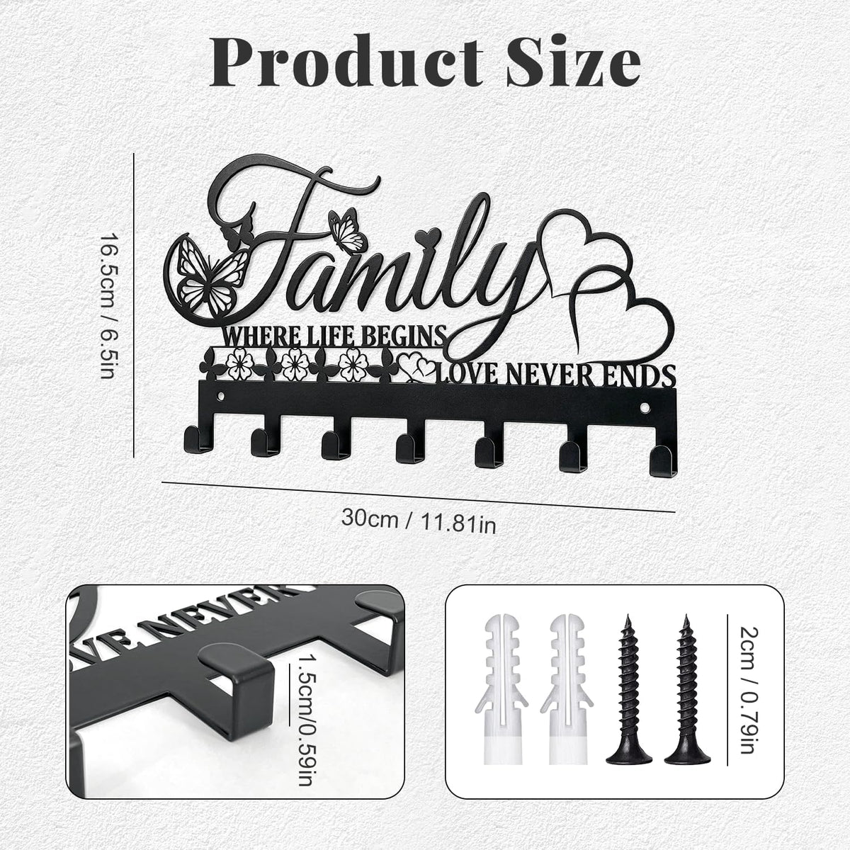 Keys Holder on Wall, Decorative Metal Hanger with 7 Hooks, Black