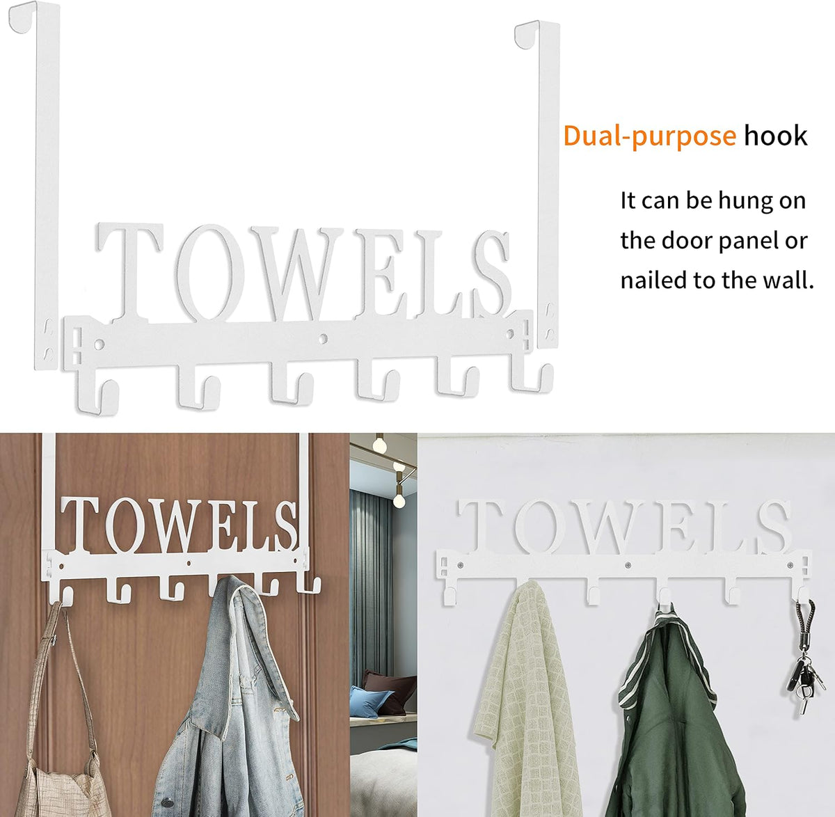 Over The Door Rack, Towel Hooks for Bathroom, Bath Towel Holder Door Mount Metal Towel Hanger for Bedroom Kitchen Pool Beach Towels Bathrobe Wall Mount Towel Rack for Bathrooms (6 Hooks, White)