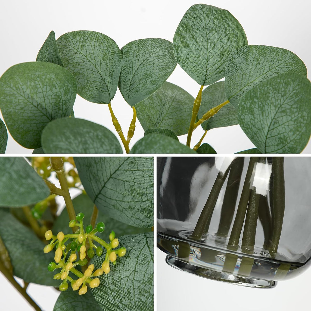 DILATATA Artificial Eucalyptus Stems in Glass Vase with Faux Water, 13" Fake Plant Eucalyptus Leaves Greenery for Table Centerpiece Office Home Decor - Black